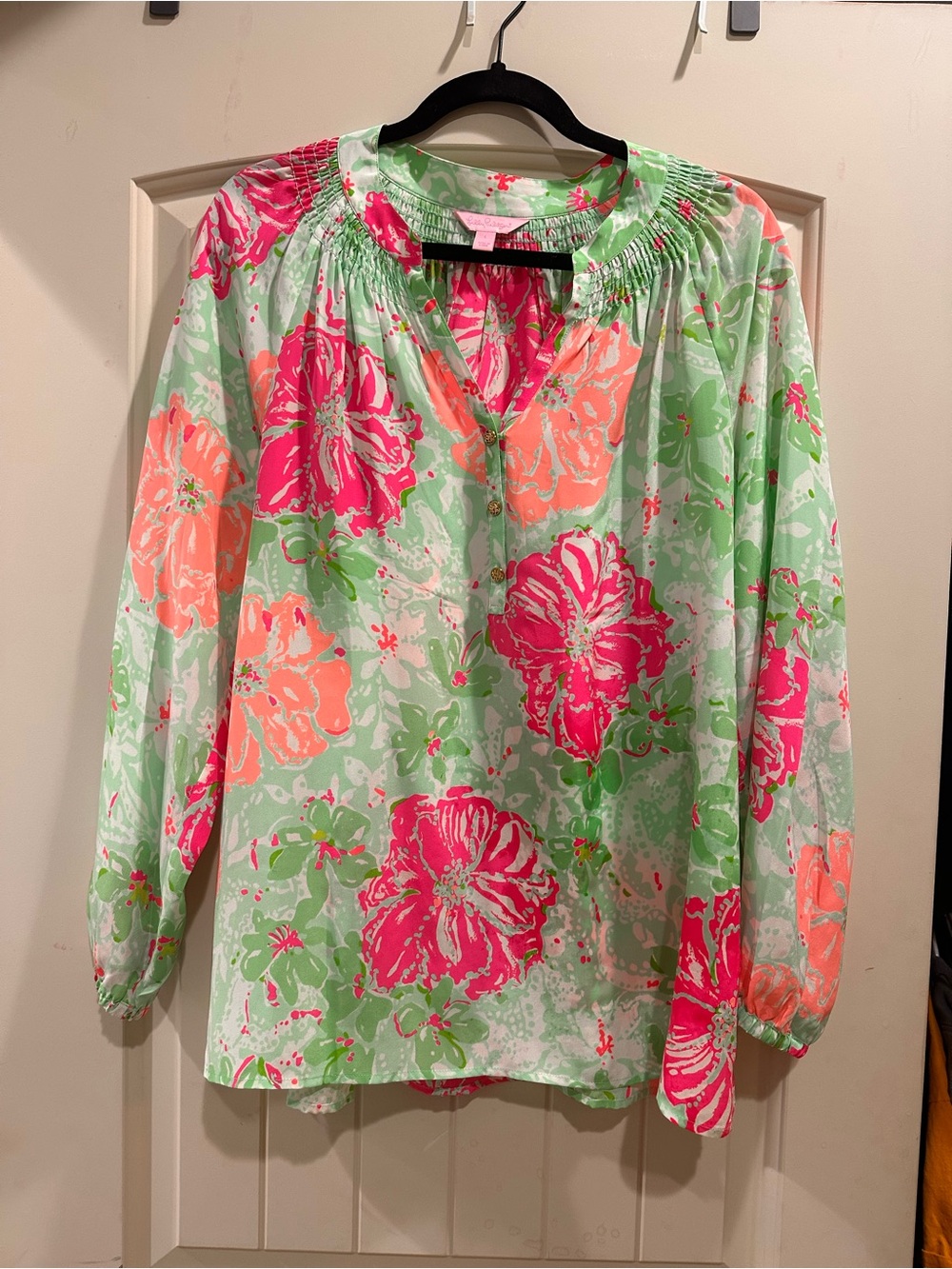 Lilly Pulitzer Floral Split-Neck Blouse - Hot Pink & Mint & Coral